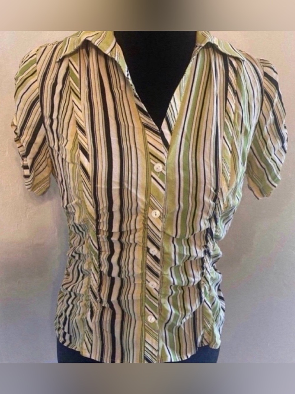 Women’s Striped Short Sleeve Top – Green/White (Size S)